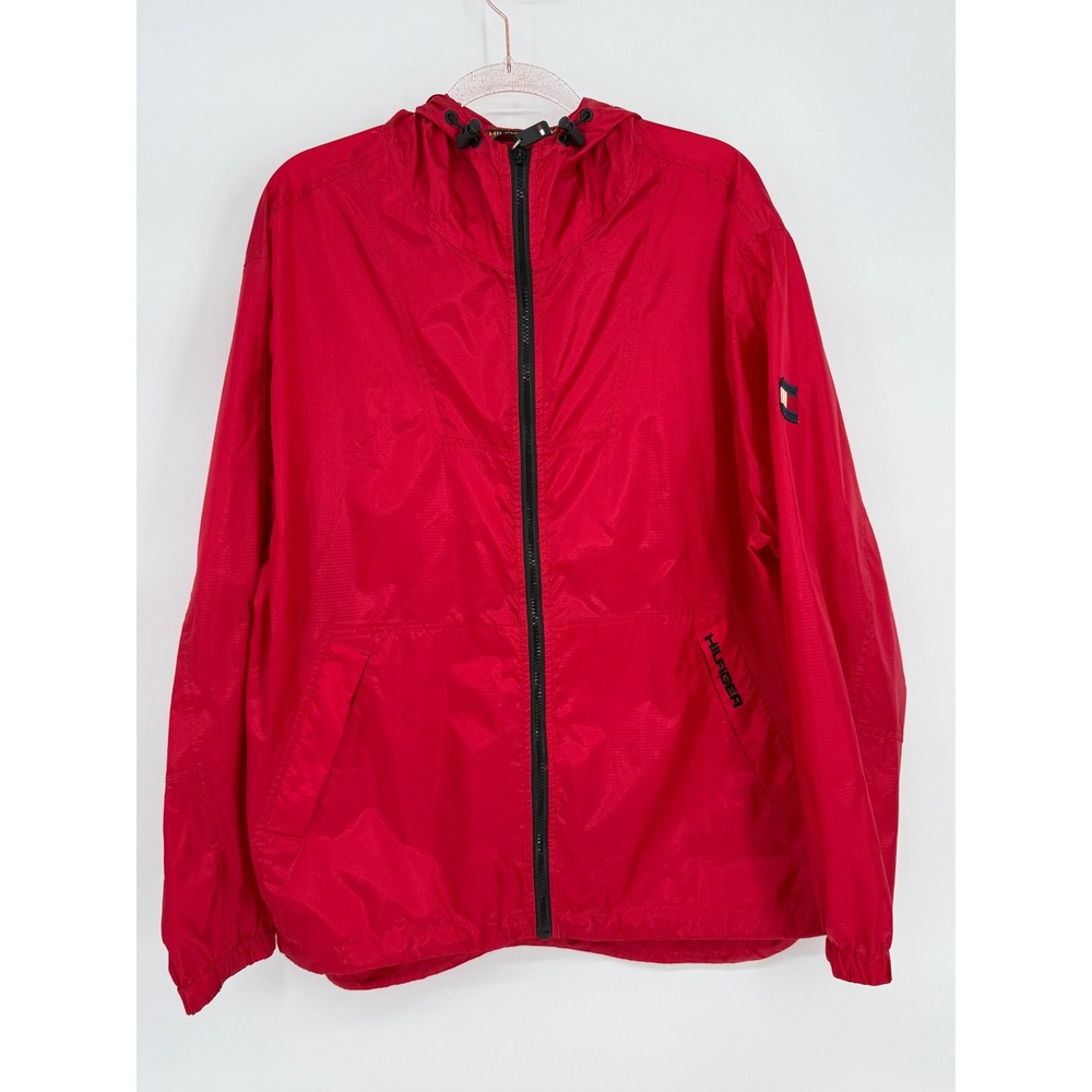 Tommy Hilfiger Mens Red Hooded Windbreaker Jacket Full Zip Ripstop Logo Sz‎ L